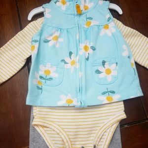Baby girl three piece set. Size 6 months. Long sleeve onesie, vest and pants